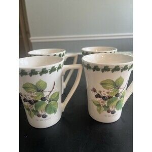 Portmeirion POMONA Wild Blackberry Apple Blossom Laurel Band Mugs Cups 4pc